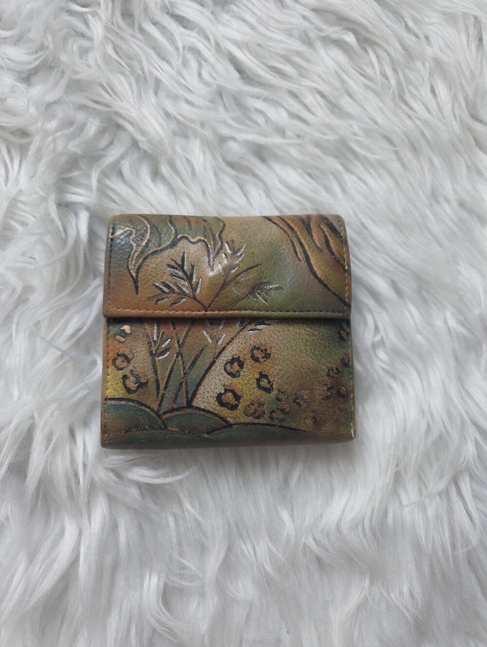 Hand-Painted Leather Floral Wallet in Green and Tan